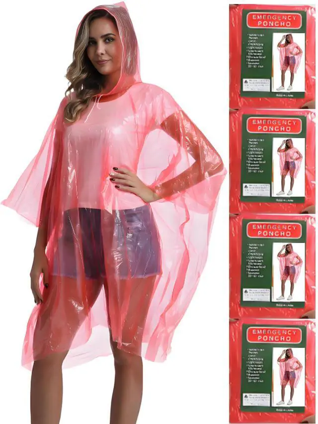 Main image of 4 Pack Disposable Rain Ponchos for Adults - Emergency Rain Poncho for Camping Hiking Travelling Red