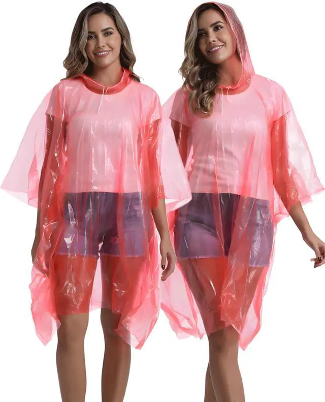 Alt view image 2 of 7 - 4 Pack Disposable Rain Ponchos for Adults - Emergency Rain Poncho for Camping Hiking Travelling Red