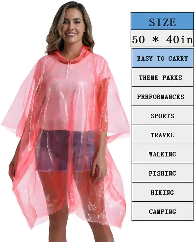 Alt view image 7 of 7 - 4 Pack Disposable Rain Ponchos for Adults - Emergency Rain Poncho for Camping Hiking Travelling Red