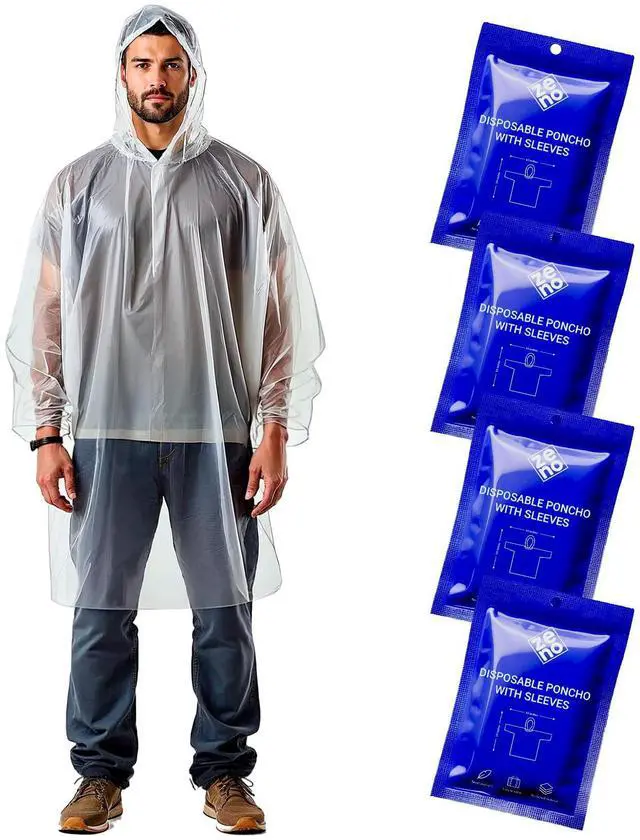 Main image of Disposable Rain Poncho Waterproof with Sleeves - For Adults - Rain Coat with Hood, Pack of 4 - for Women and Men - Hiking, Camping - Drizzle Edition