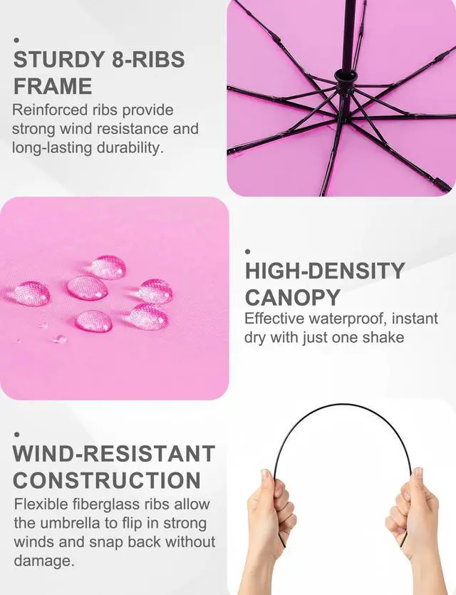 Alt view image 3 of 7 - Umbrellas for Rain, Durable & Compact Umbrella, Backpack, Purse, Portable Umbrella for Travel - Auto Open Close Strong Fiberglass(Pink)