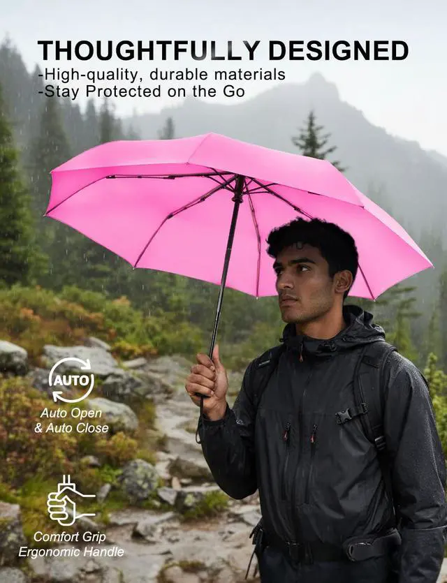 Alt view image 7 of 7 - Umbrellas for Rain, Durable & Compact Umbrella, Backpack, Purse, Portable Umbrella for Travel - Auto Open Close Strong Fiberglass(Pink)