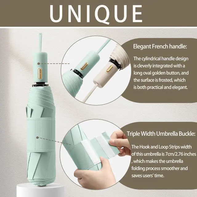 Alt view image 4 of 7 - Style Travel Compact Folding Umbrella with 7CM(2.76in) Hook and Loop Strips/8Ribs/Lightweight Portable/Auto Open Close/UV Protection/UPF 50/Parasol/Waterproof/Rain Sun/Backpack /Car/Women Kid