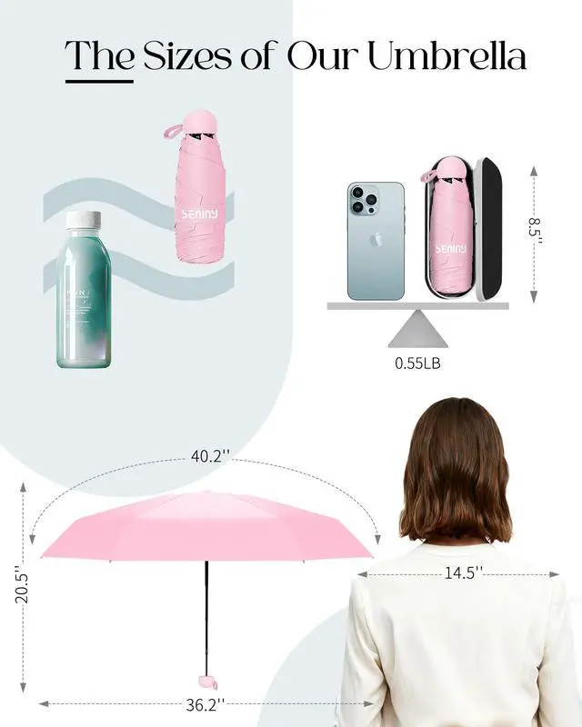Alt view image 2 of 7 - Mini Portable Travel Umbrella with Case - Compact Umbrellas for Rain & Sun UV Protection for Backpack Pocket, Lightweight Folding Small Umbrella, Tiny Purse Size UV Blocker for Kids Women Girls