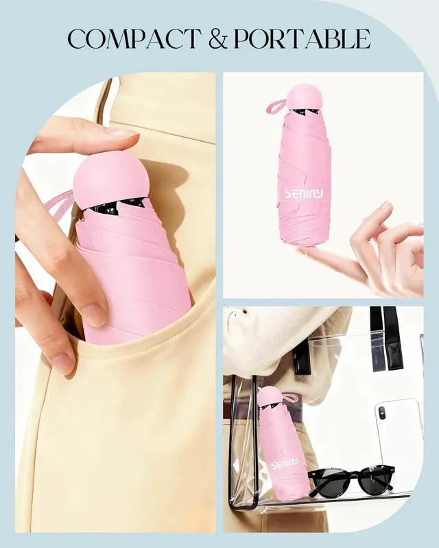 Alt view image 3 of 7 - Mini Portable Travel Umbrella with Case - Compact Umbrellas for Rain & Sun UV Protection for Backpack Pocket, Lightweight Folding Small Umbrella, Tiny Purse Size UV Blocker for Kids Women Girls