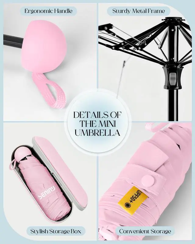 Alt view image 7 of 7 - Mini Portable Travel Umbrella with Case - Compact Umbrellas for Rain & Sun UV Protection for Backpack Pocket, Lightweight Folding Small Umbrella, Tiny Purse Size UV Blocker for Kids Women Girls