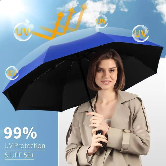 Alt view image 3 of 7 - Windproof Travel Umbrella, Automatic Umbrellas for Rain, Portable & Compact Umbrellas for Backpack, Strong UV for Protection, Folding Small Sun Umbrella for Car, Walking, Dark Blue