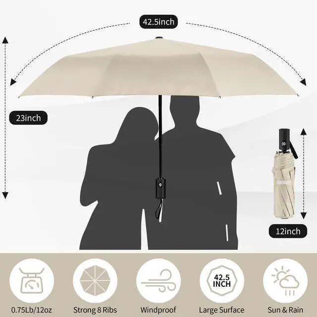 Alt view image 2 of 7 - Windproof Travel Umbrella, Automatic Umbrellas for Rain, Portable & Compact Umbrellas for Backpack, Strong UV for Protection, Folding Small Sun Umbrella for Car, Walking, Beige