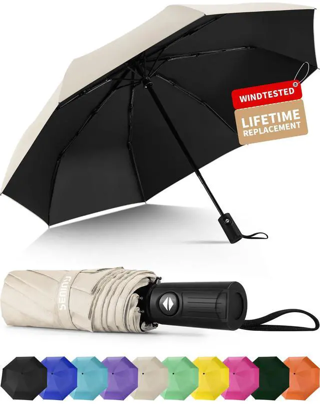 Main image of Windproof Travel Umbrella, Automatic Umbrellas for Rain, Portable & Compact Umbrellas for Backpack, Strong UV for Protection, Folding Small Sun Umbrella for Car, Walking, Beige