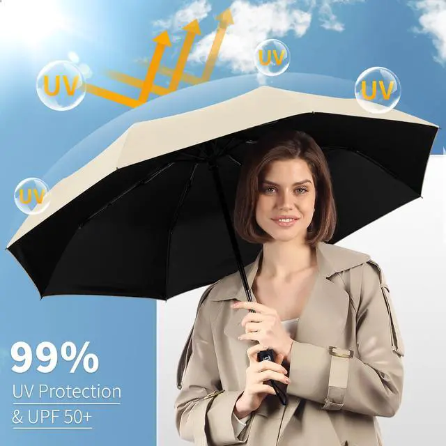 Alt view image 3 of 7 - Windproof Travel Umbrella, Automatic Umbrellas for Rain, Portable & Compact Umbrellas for Backpack, Strong UV for Protection, Folding Small Sun Umbrella for Car, Walking, Beige