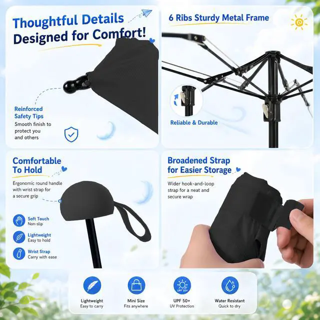 Alt view image 4 of 7 - Travel Essentials Mini Umbrella for Purse With Case Small Compact UV Sun Protection Lightweight Tiny Pocket Manual Open Close Umbrella for Women Kids and Men Fits Purse Backpack