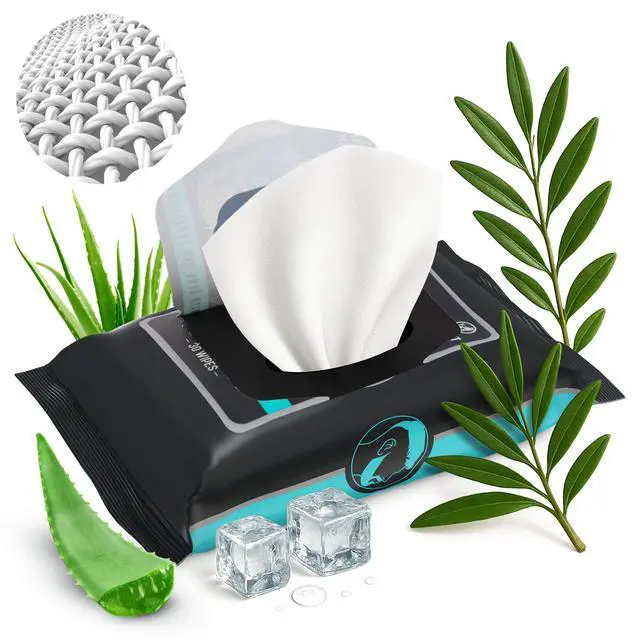 Alt view image 4 of 7 - Mens Cooling Face & Body Cleansing Wipes Aloe & Eucalyptus No Rinse Cleansing Cloths for Gym, Travel, Sweat Removal, Post Workout Freshness, Active On-The-Go Hygiene & Camping 30 Ct