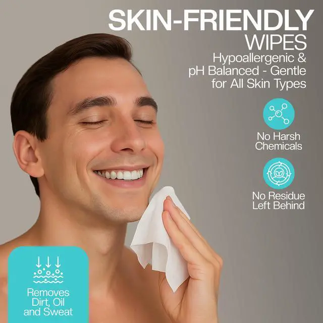 Alt view image 5 of 7 - Mens Cooling Face & Body Cleansing Wipes Aloe & Eucalyptus No Rinse Cleansing Cloths for Gym, Travel, Sweat Removal, Post Workout Freshness, Active On-The-Go Hygiene & Camping 30 Ct