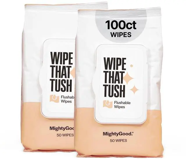 Main image of Wipe That Tush Flushable Wipes - 2 Packs of 50, 100 Total Adult Wet Wipes - Extra Large & Soft - Hypoallergenic & Fragrance-Free With Aloe & Vitamin E - Septic-Safe - Bathroom Essentials