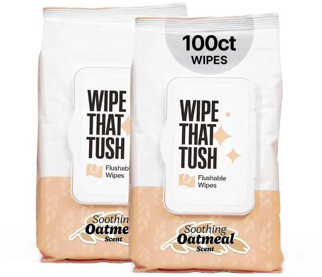 Main image of Wipe That Tush Flushable Wipes - 2 Packs of 50, 100 Total Adult Wet Wipes - Soothing Oatmeal Scent - Extra Large & Soft - Aloe & Vitamin E - Septic-Safe - Bathroom Essentials