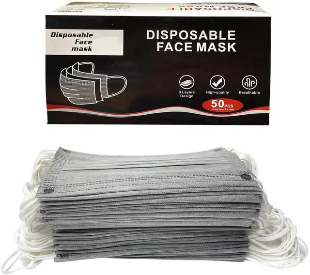 Main image of 50PCS Gray Disposable Face Masks, Non-medical, 3 Layer Protection Face Masks for Adult, Teenager, Seniors 1Box(50pc)