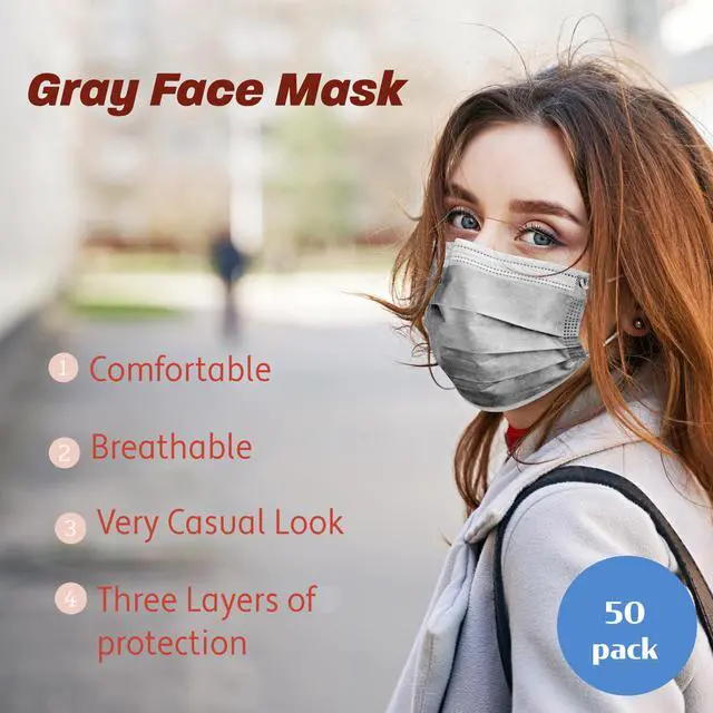 Alt view image 2 of 4 - 50PCS Gray Disposable Face Masks, Non-medical, 3 Layer Protection Face Masks for Adult, Teenager, Seniors 1Box(50pc)