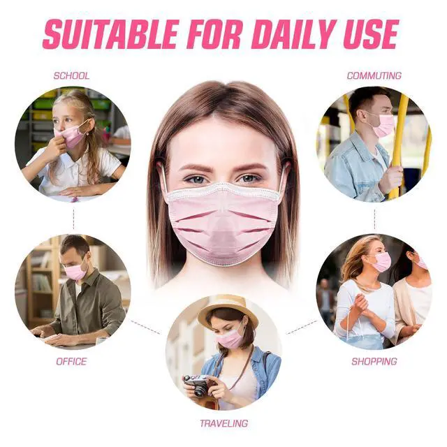 Alt view image 7 of 7 - 50 Pcs Disposable Face Cover 3-Ply Filter Non Medical Breathable Earloop Masks (Pink)