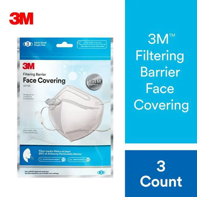 Alt view image 2 of 7 - Filtering Barrier Face Covering, Good For Crowded Places, Helps Reduce Airborne Particulate Exposure, AFFM-3, One Size, 3 Pack