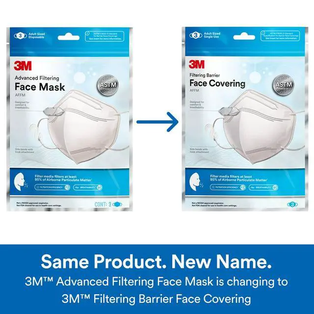 Alt view image 3 of 7 - Filtering Barrier Face Covering, Good For Crowded Places, Helps Reduce Airborne Particulate Exposure, AFFM-3, One Size, 3 Pack