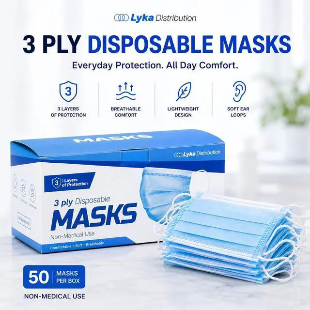 Alt view image 4 of 7 - ASTM Level 3 Disposable Face Masks (3 Ply, ASTM F2100-23) Breathable Blue Face Mask for Air & Pollution - Great for Smoke, Travel & Work Environments - Ships from USA, 50 Pack
