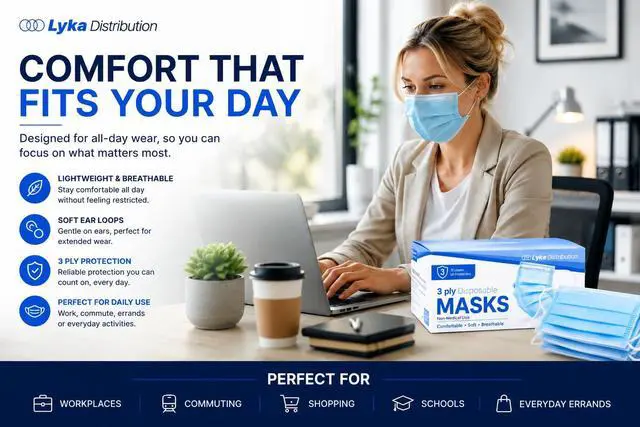 Alt view image 6 of 7 - ASTM Level 3 Disposable Face Masks (3 Ply, ASTM F2100-23) Breathable Blue Face Mask for Air & Pollution - Great for Smoke, Travel & Work Environments - Ships from USA, 50 Pack