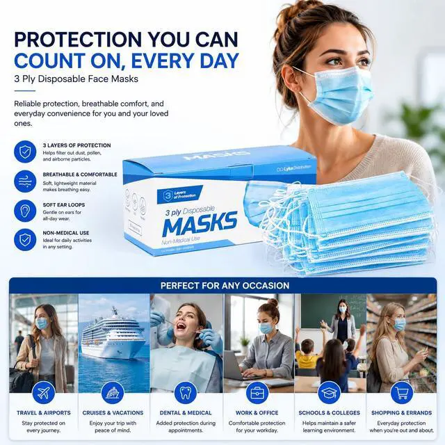 Alt view image 5 of 7 - ASTM Level 3 Disposable Face Masks (3 Ply, ASTM F2100-23) Breathable Blue Face Mask for Air & Pollution - Great for Smoke, Travel & Work Environments - Ships from USA, 50 Pack