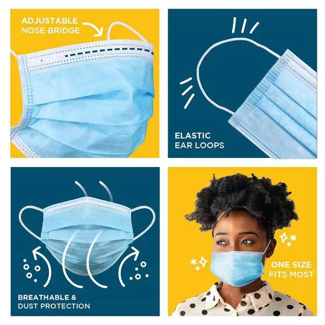 Alt view image 2 of 4 - 50 pcs FACE MASK, 3 Ply Protective Barrier, Single Use, Disposable Earloop Home, Travel, Office, School, Work, Outdoors