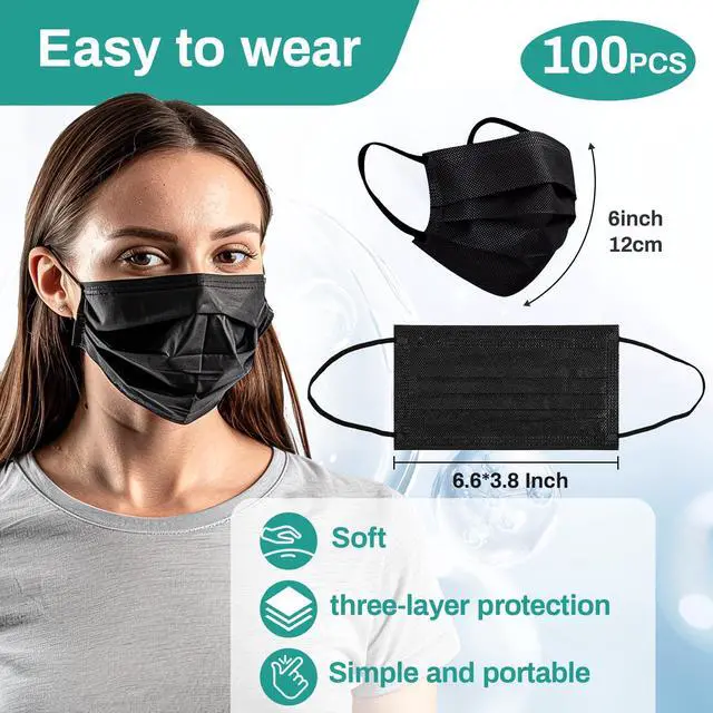 Alt view image 2 of 6 - Black Disposable Face Mask - 3 Ply Black Filter Protection Masks Comfortable, Soft, Breathable Daily Use For Adults Home, Office, School,and Outdoors 100 PCS