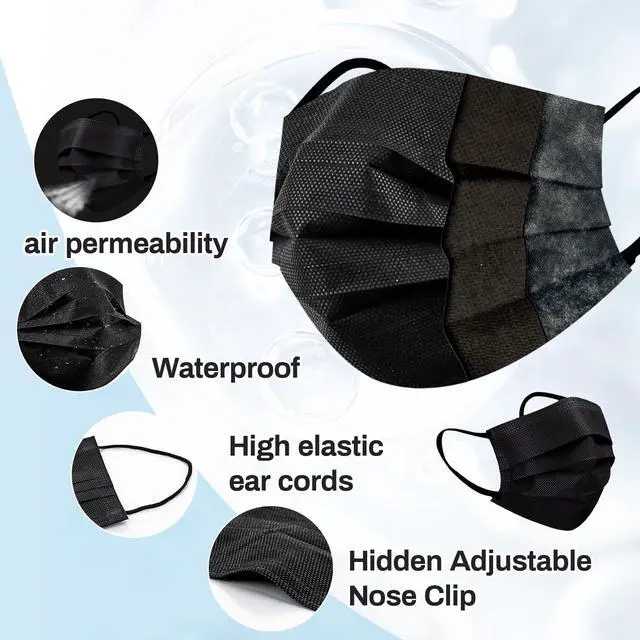 Alt view image 3 of 6 - Black Disposable Face Mask - 3 Ply Black Filter Protection Masks Comfortable, Soft, Breathable Daily Use For Adults Home, Office, School,and Outdoors 100 PCS