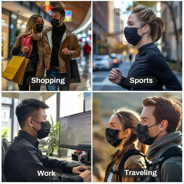 Alt view image 5 of 6 - Black Disposable Face Mask - 3 Ply Black Filter Protection Masks Comfortable, Soft, Breathable Daily Use For Adults Home, Office, School,and Outdoors 100 PCS