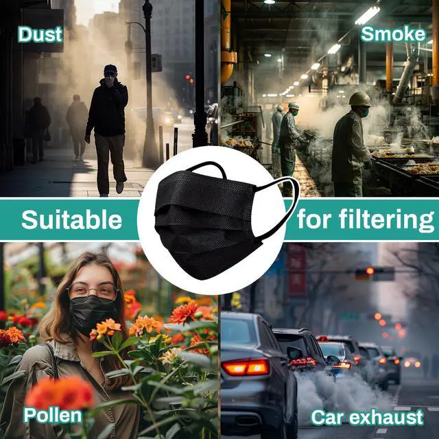 Alt view image 6 of 6 - Black Disposable Face Mask - 3 Ply Black Filter Protection Masks Comfortable, Soft, Breathable Daily Use For Adults Home, Office, School,and Outdoors 100 PCS