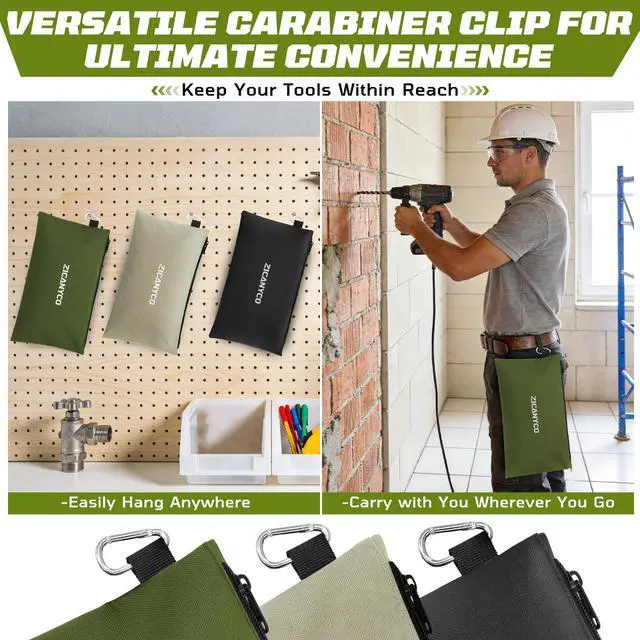 Alt view image 5 of 7 - Tool Pouch Zipper Bags, Small Tool Bags with Metal Zipper & Carabiner, Durable Utility Organizer Pouches, 3-Pack (Black/Beige/Olive)