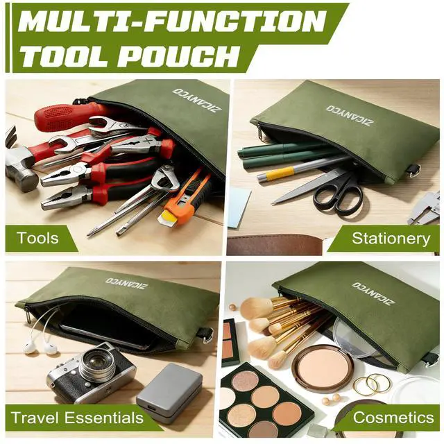 Alt view image 6 of 7 - Tool Pouch Zipper Bags, Small Tool Bags with Metal Zipper & Carabiner, Durable Utility Organizer Pouches, 3-Pack (Black/Beige/Olive)