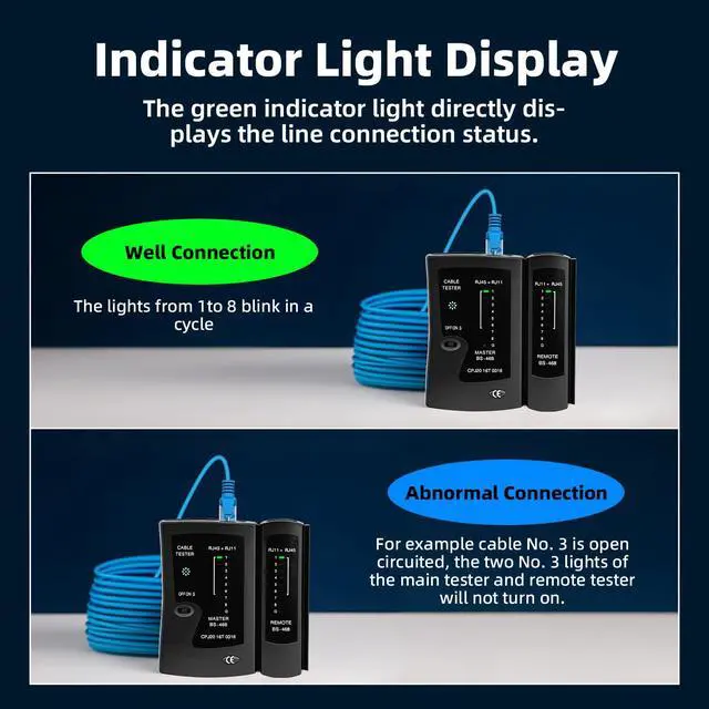 Alt view image 4 of 7 - Ethernet Cable Tester - RJ45 RJ11 Network Tester Tool for CAT5/CAT5e/CAT6/CAT6a/CAT7, Portable LAN Wire Continuity Checker with LED Indicators, S-Mode Speed & Detachable Remote - Black