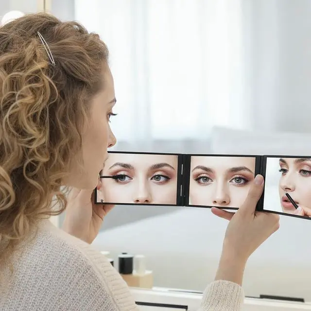 Alt view image 7 of 7 - 4 Way Mirror Foldable Makeup Mirror Portable 360 Degree Handheld Haircut Mirrors 4 Barber Desktop DIY Haircut Tool for Hair Cuting Styling Grooming Sided Self Haircuts for Home and Salon, 4.7 * 2.7 in