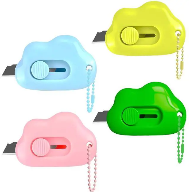 Main image of Cloud Retractable Box Cutter 6 Pack - with Key Rings,Safe Auto-Retract Design,Mini Paper Cutter for Box,Packages,Mail,Envelopes,Portable Keychain Letter Opener for Home,Office,Travel (4 Color)