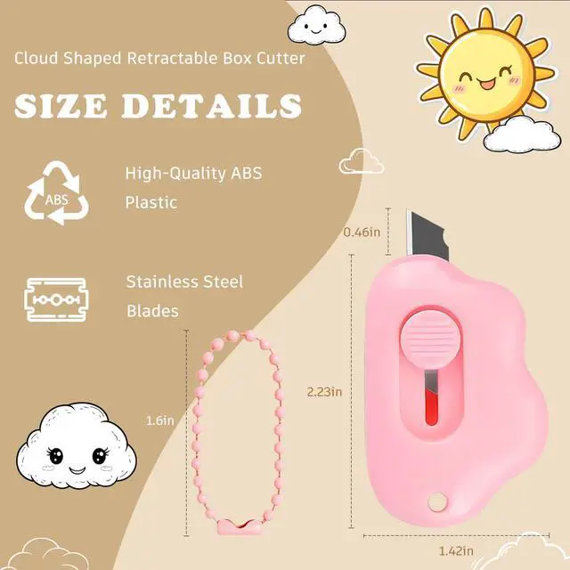 Alt view image 2 of 7 - Cloud Retractable Box Cutter 6 Pack - with Key Rings,Safe Auto-Retract Design,Mini Paper Cutter for Box,Packages,Mail,Envelopes,Portable Keychain Letter Opener for Home,Office,Travel (4 Color)