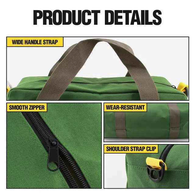 Alt view image 4 of 7 - Small Tool Bag, Canvas Tool Storage Bag, Large Capacity Multipurpose Zipper Soft Tote Organizer Pouch for Electrician, Plumbing, Gardening,Tools Bags for Men (Green, 12 Inch)