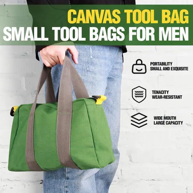 Alt view image 5 of 7 - Small Tool Bag, Canvas Tool Storage Bag, Large Capacity Multipurpose Zipper Soft Tote Organizer Pouch for Electrician, Plumbing, Gardening,Tools Bags for Men (Green, 12 Inch)