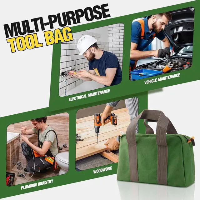 Alt view image 7 of 7 - Small Tool Bag, Canvas Tool Storage Bag, Large Capacity Multipurpose Zipper Soft Tote Organizer Pouch for Electrician, Plumbing, Gardening,Tools Bags for Men (Green, 12 Inch)