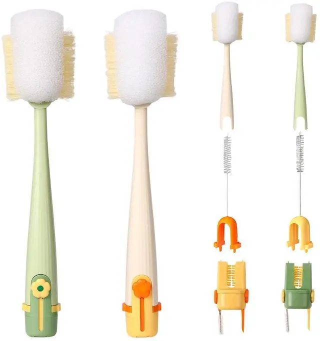 Main image of 5 in 1 Bottle Cleaning Brush Set, 2026 Multifunctional Lid Brush Cleaning Tool Kitchen, Portable Long Handle Bottles Scrubber for Cup Lids, Hard Bristle Sponge Head Bottle Brushes (White and Green)