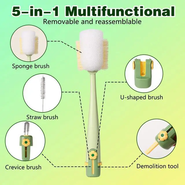 Alt view image 2 of 7 - 5 in 1 Bottle Cleaning Brush Set, 2026 Multifunctional Lid Brush Cleaning Tool Kitchen, Portable Long Handle Bottles Scrubber for Cup Lids, Hard Bristle Sponge Head Bottle Brushes (White and Green)