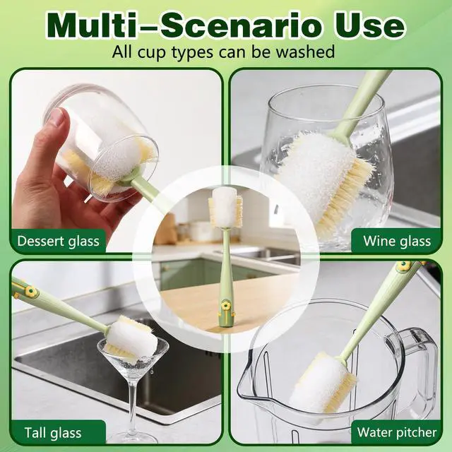 Alt view image 7 of 7 - 5 in 1 Bottle Cleaning Brush Set, 2026 Multifunctional Lid Brush Cleaning Tool Kitchen, Portable Long Handle Bottles Scrubber for Cup Lids, Hard Bristle Sponge Head Bottle Brushes (White and Green)