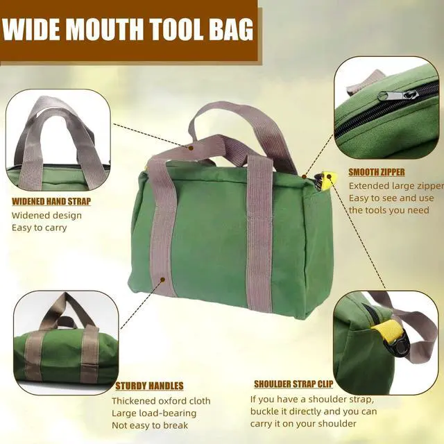 Alt view image 3 of 7 - 12 Inch Wide Mouth Tool Bag, Heavy Duty Canvas Tool Storage Bag, Large Capacity Handbag, Multi-function Tool Organizer Tote Bag for Storage Wrenches Pliers (Green, 12 Inch)