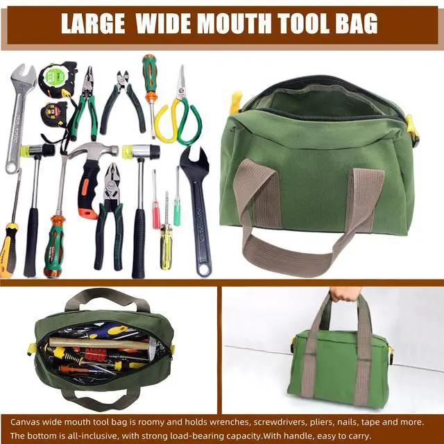 Alt view image 5 of 7 - 12 Inch Wide Mouth Tool Bag, Heavy Duty Canvas Tool Storage Bag, Large Capacity Handbag, Multi-function Tool Organizer Tote Bag for Storage Wrenches Pliers (Green, 12 Inch)