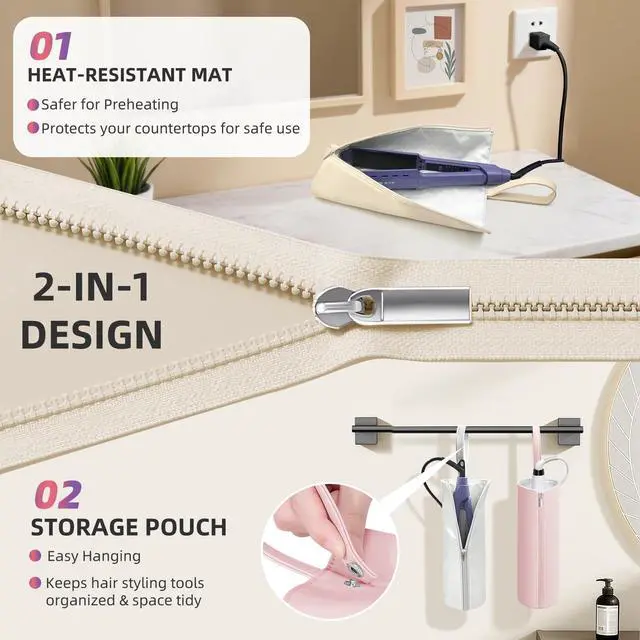 Alt view image 3 of 7 - 2-in-1 Heat Resistant Mat & Bag for Hair Styling Tools, Hanging Curling Iron Holder Flat Iron Holder with Zip, Portable Hot Hair Tools Travel Bag, Hair Straightener Mat Pouch for Countertop