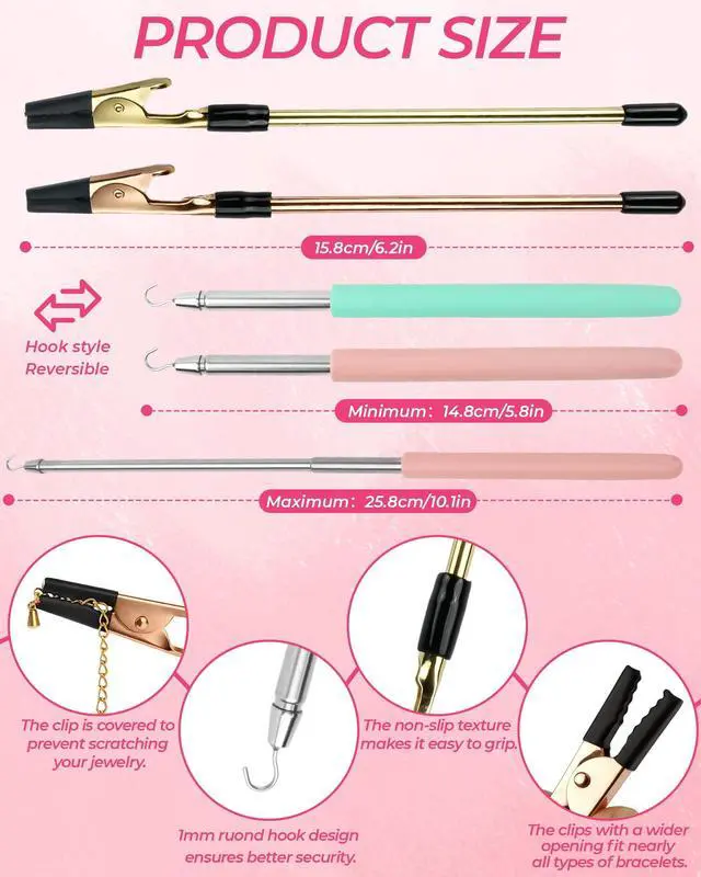 Alt view image 2 of 7 - 4 PCS Bracelet Helper Tool, Quick Release Fastener Helpers Tool Hooks for Necklace, Jewelry, Watch, Portable Bracelet Assistance Tool to Put on Yourself, Clip, Clasp Helper with Non-Slip Rubber Tips.