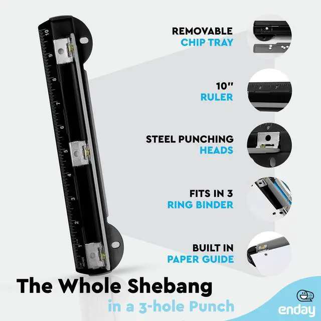 Alt view image 3 of 6 - 3 Hole Puncher for Binder, Black Portable Hole Puncher for 3 Ring Binder, 3 Sheets Capacity, Removable Chip Tray, 10 Ruler for School, Office