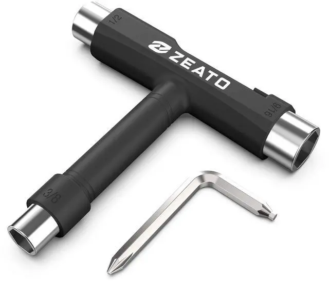 Main image of All-in-One Skate Tools Multi-Function Portable Skateboard T Tool Accessory with T-Type Allen Key and L-Type Phillips Head Wrench Screwdriver - Black